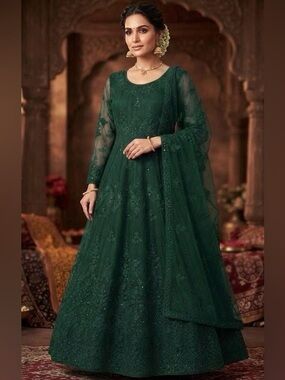 Dark Green Heavy Embroidered Anarkali Dress